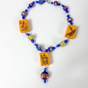Vintage Bakelite Mahjong Tiles Blue Art Glass Lampwork Beads Y Necklace